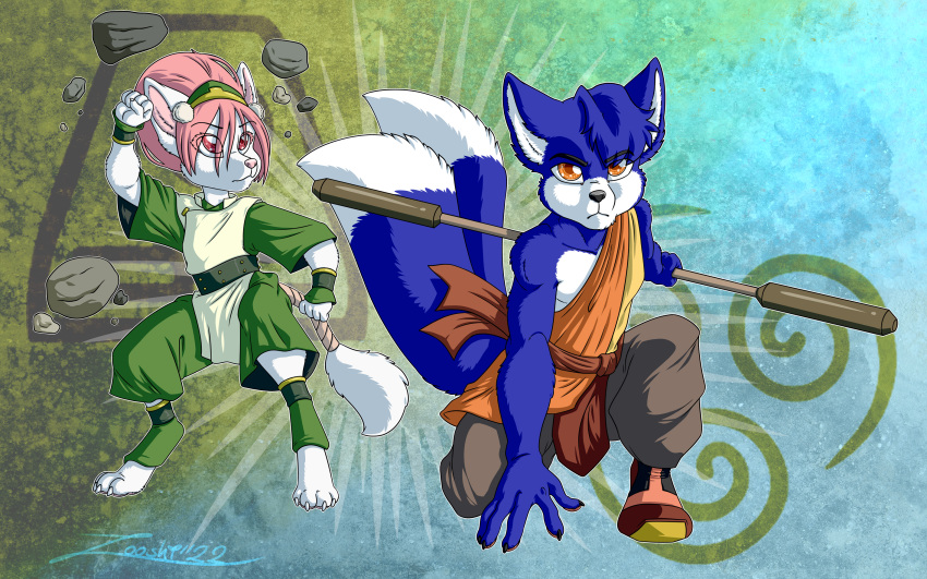 anthro blue_body blue_fur cainesama canid canine clothing cosplay costume disguise duo female fox fur hi_res invalid_tag male mammal the_last_airbender zooshi