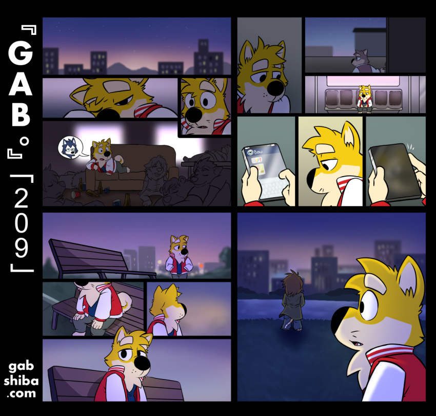 anthro bau_husky beverage black_nose bottle canid canine canis cellphone clothed clothing comic domestic_dog duo felid fur furniture gab_(comic) gab_shiba gabshiba group holding_cellphone holding_object holding_phone inside lion lonely looking_at_another looking_at_cellphone looking_at_object looking_at_phone lying_on_sofa male mammal multicolored_body multicolored_fur night on_sofa pantherine park park_bench party phone rapid_transit sad shiba_inu sitting sitting_on_bench sleeping sofa solo spitz surprise telegram text two_tone_body two_tone_fur url ursid waking_up white_body white_fur