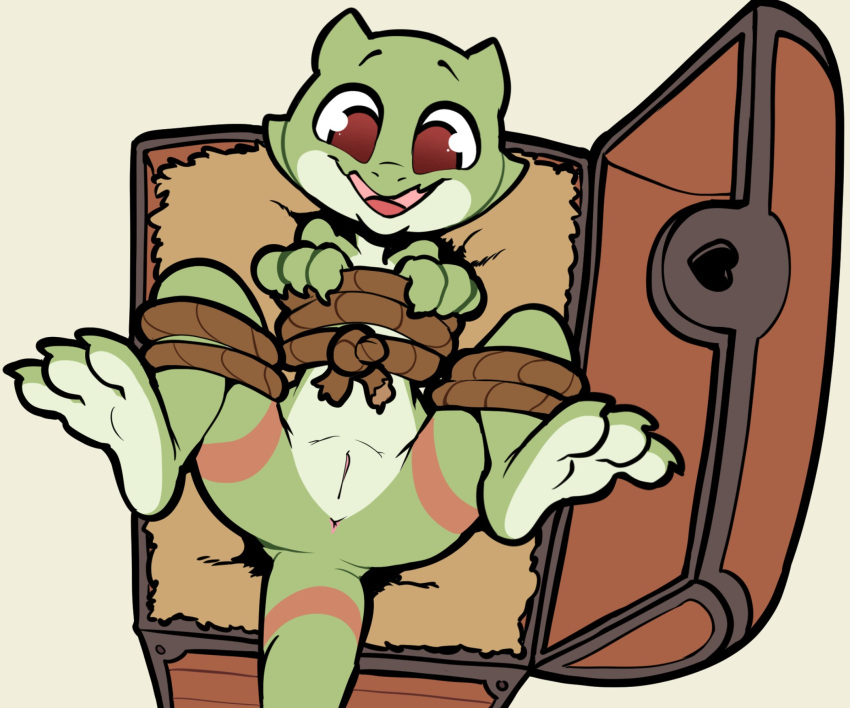 2022 anthro anus bound female genitals green_body green_scales hi_res itsunknownanon kobold legs_tied lying on_back presenting presenting_pussy pussy red_eyes reptile scales scalie simple_background smile solo spread_legs spreading tied_knot treasure_chest
