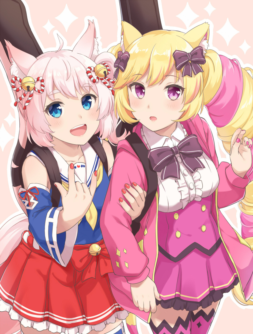 2girls \m/ ahoge animal_ears bell blonde_hair blue_eyes bow cat_ears cat_girl cat_tail detached_sleeves drill_hair fox_ears fox_girl fox_tail hair_bow highres howan_(show_by_rock!!) jingle_bell light_blush locked_arms long_hair looking_at_viewer machikado mashima_himeko_(show_by_rock!!) multicolored_hair multiple_girls nail_polish open_mouth pink_background pink_hair purple_eyes short_hair show_by_rock!! simple_background skirt smile sparkle_background tail teeth thighhighs twintails upper_teeth very_long_hair white_hair yuri