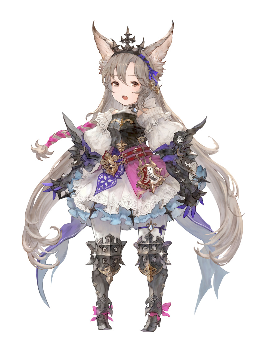 1girl animal_ears armor bangs boots breastplate brown_eyes crest detached_sleeves dress gran_saga hair_between_eyes highres light_brown_hair long_hair open_mouth riesun simple_background solo standing tiara white_background