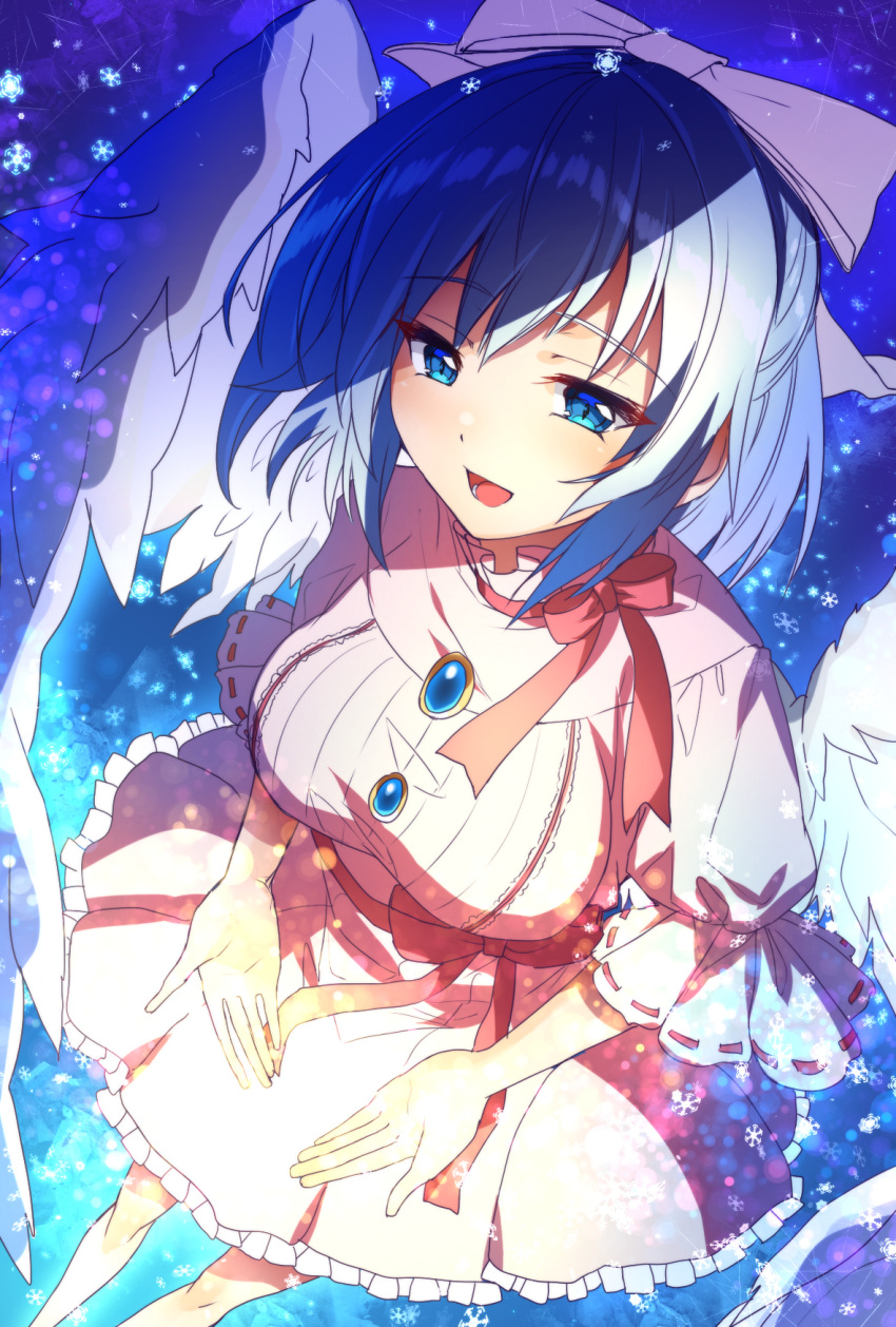 angel_wings bangs blue_eyes blue_hair bow breasts brooch dress eyebrows_visible_through_hair feathered_wings frilled_dress frills hair_bow happy highres jewelry mai_(touhou) medium_breasts open_mouth pink_bow pink_dress puffy_short_sleeves puffy_sleeves red_bow red_sash sash sea_scorpion_(umisasori) short_hair short_sleeves snowflakes touhou touhou_(pc-98) white_wings wings
