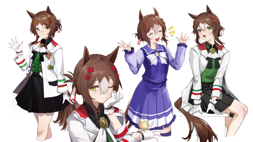 1girl absurdres animal_ears animal_on_hand baatiaanshi bangs bird black_skirt brown_hair chick closed_eyes closed_mouth clover_hair_ornament collared_shirt cropped_legs english_commentary fine_motion_(umamusume) gloves green_eyes hair_bun hair_intakes hair_ornament hand_on_own_cheek hand_on_own_face highres horse_ears horse_girl horse_tail jacket long_sleeves looking_at_viewer medium_hair multicolored_hair multiple_views notice_lines one_eye_closed open_mouth pleated_skirt purple_shirt purple_skirt sailor_collar school_uniform shirt simple_background sitting skirt smile tail teeth tracen_school_uniform two-tone_hair umamusume upper_teeth waving white_background white_gloves white_jacket