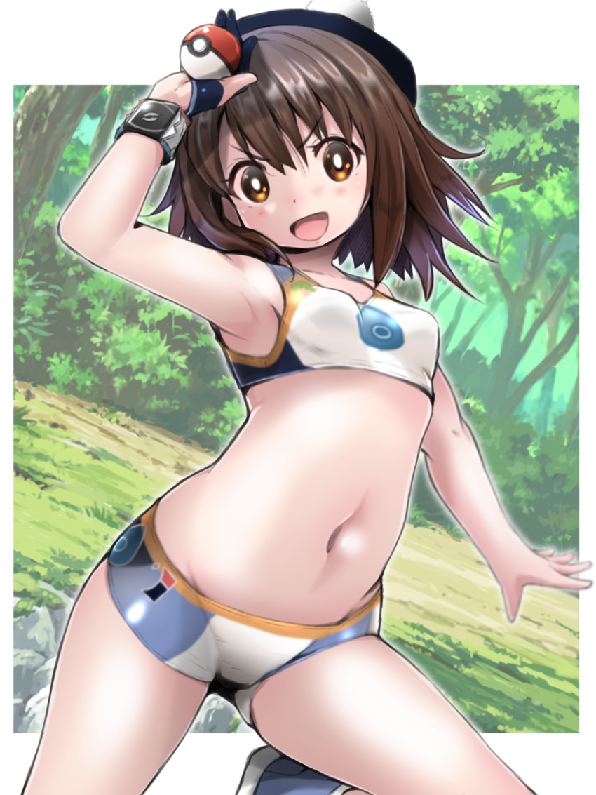 1girl :d armpits blue_footwear blue_gloves blush breasts brown_eyes brown_hair commentary_request fingerless_gloves forest gloria_(pokemon) gloves highres holding holding_poke_ball looking_at_viewer midriff nature navel naz open_mouth poke_ball poke_ball_(basic) pokemon pokemon_(game) pokemon_swsh shoes short_hair small_breasts smile solo sports_bra sportswear thighs tree