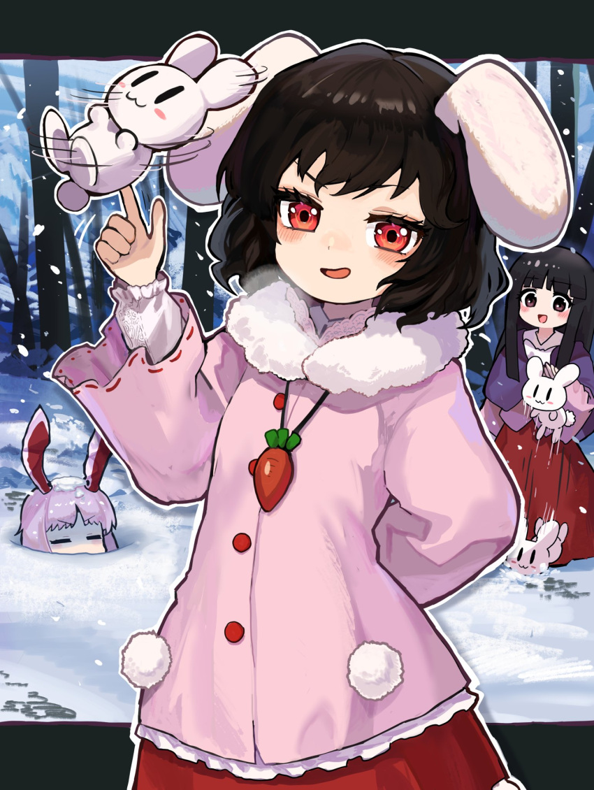 3girls =_= animal animal_ears black_eyes black_hair blush bunny buttons carrot_necklace eyebrows_visible_through_hair highres hime_cut houraisan_kaguya howhow_notei inaba_tewi japanese_clothes jewelry light_purple_hair long_hair long_sleeves multiple_girls necklace open_mouth pink_coat pink_shirt pom_pom_(clothes) rabbit_ears red_eyes red_skirt reisen_udongein_inaba shirt short_hair skirt smile snow touhou