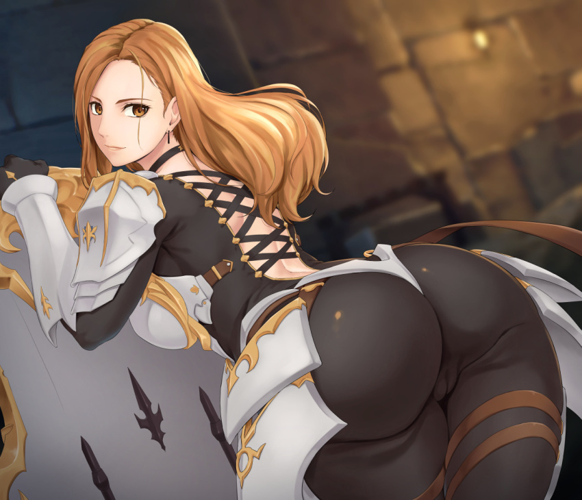 1girl arm_guards armor ass back back_cutout bangs black_bodysuit blush bodysuit breastplate breasts brown_eyes brown_hair clothing_cutout faulds ishigaki_takashi kisara_(tales) large_breasts long_hair looking_at_viewer looking_back parted_bangs pauldrons shield shoulder_armor solo tales_of_(series) tales_of_arise thighs