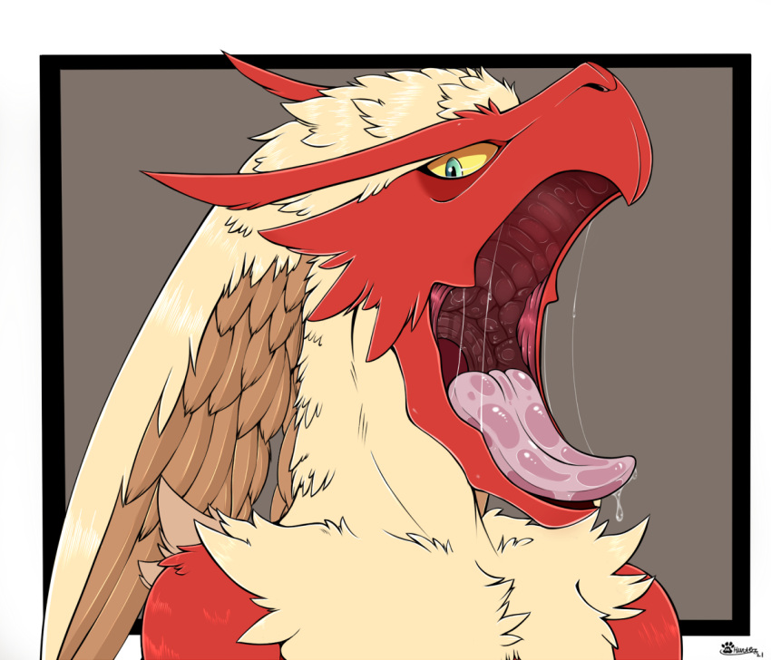 2021 anthro beak blaziken bodily_fluids dripping drooling feathers fur gums imminent_vore looking_at_viewer male marcushunter nintendo open_mouth pok&eacute;mon pok&eacute;mon_(species) saliva saliva_drip saliva_on_tongue saliva_string side_view solo tongue tongue_out video_games yellow_eyes