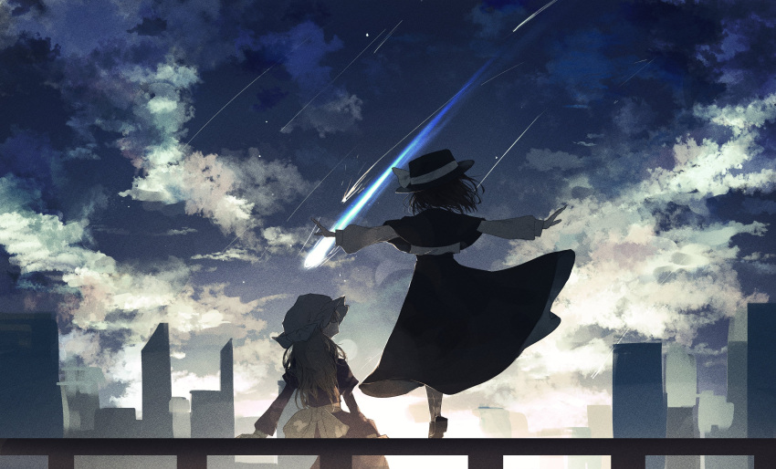 2girls absurdres agasa_(akasa_anodan) cloud comet falling_star fedora from_behind hat highres maribel_hearn multiple_girls outdoors outstretched_arms scenery sitting standing touhou usami_renko