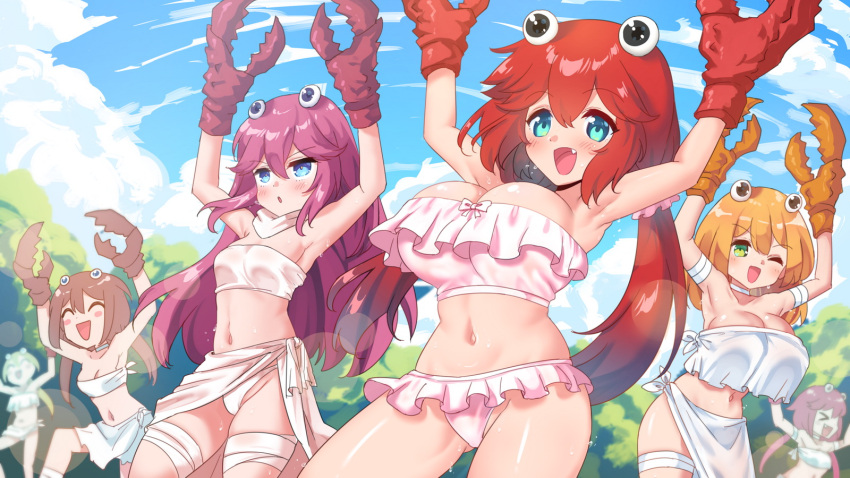 &gt;_&lt; 6+girls :d :o ^_^ arm_up arthropod_girl bandaged_arm bandaged_leg bandages bikini blue_eyes blush blush_stickers breasts brown_hair choker claws closed_eyes cloud commentary crab_girl crab_rave_(meme) english_commentary fang frilled_bikini frills green_eyes hands_up highres large_breasts meme midriff multiple_girls navel original outdoors personification purple_hair rayno red_hair sarong scarf side-tie_bikini small_breasts smile strapless strapless_bikini sweat swimsuit thigh_gap tree twintails upper_body white_bikini white_sarong