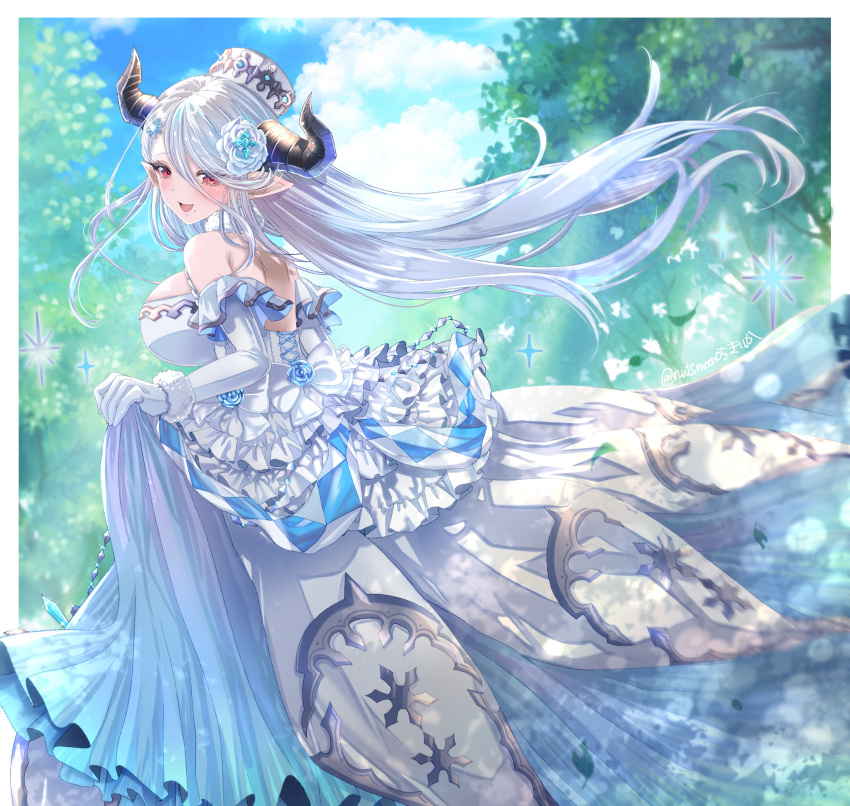 1girl breasts draph dress elbow_gloves flower from_behind gloves granblue_fantasy hair_flower hair_ornament hat highres horns izmir kirika_(nutsmoon) large_breasts long_dress long_hair looking_back mole mole_under_mouth pointy_ears red_eyes silver_hair twitter_username