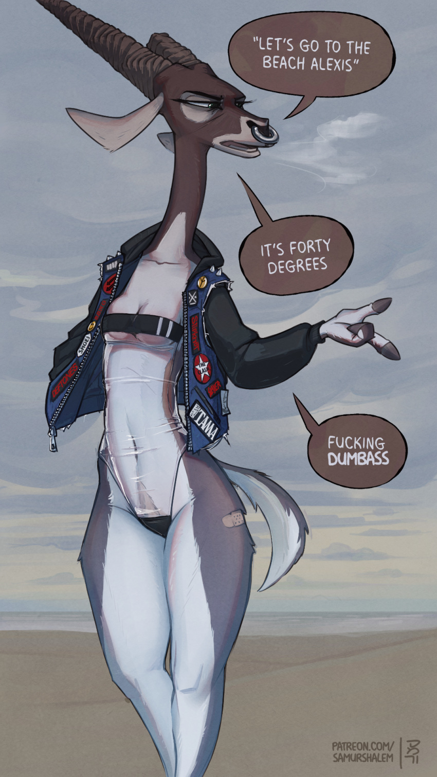 2022 alexis_(samur_shalem) antelope anthro beach blackbuck bovid breasts brown_body clothed clothing cloud dialogue digital_media_(artwork) english_text facial_piercing female fingers gris_swimsuit hi_res hooved_fingers hooves horn jacket mammal meme meme_clothing navel nonbinary_(lore) nose_piercing nose_ring one-piece_swimsuit outside piercing samur_shalem seaside signature sky solo speech_bubble standing swimwear text topwear translucent translucent_clothing translucent_swimwear true_antelope url