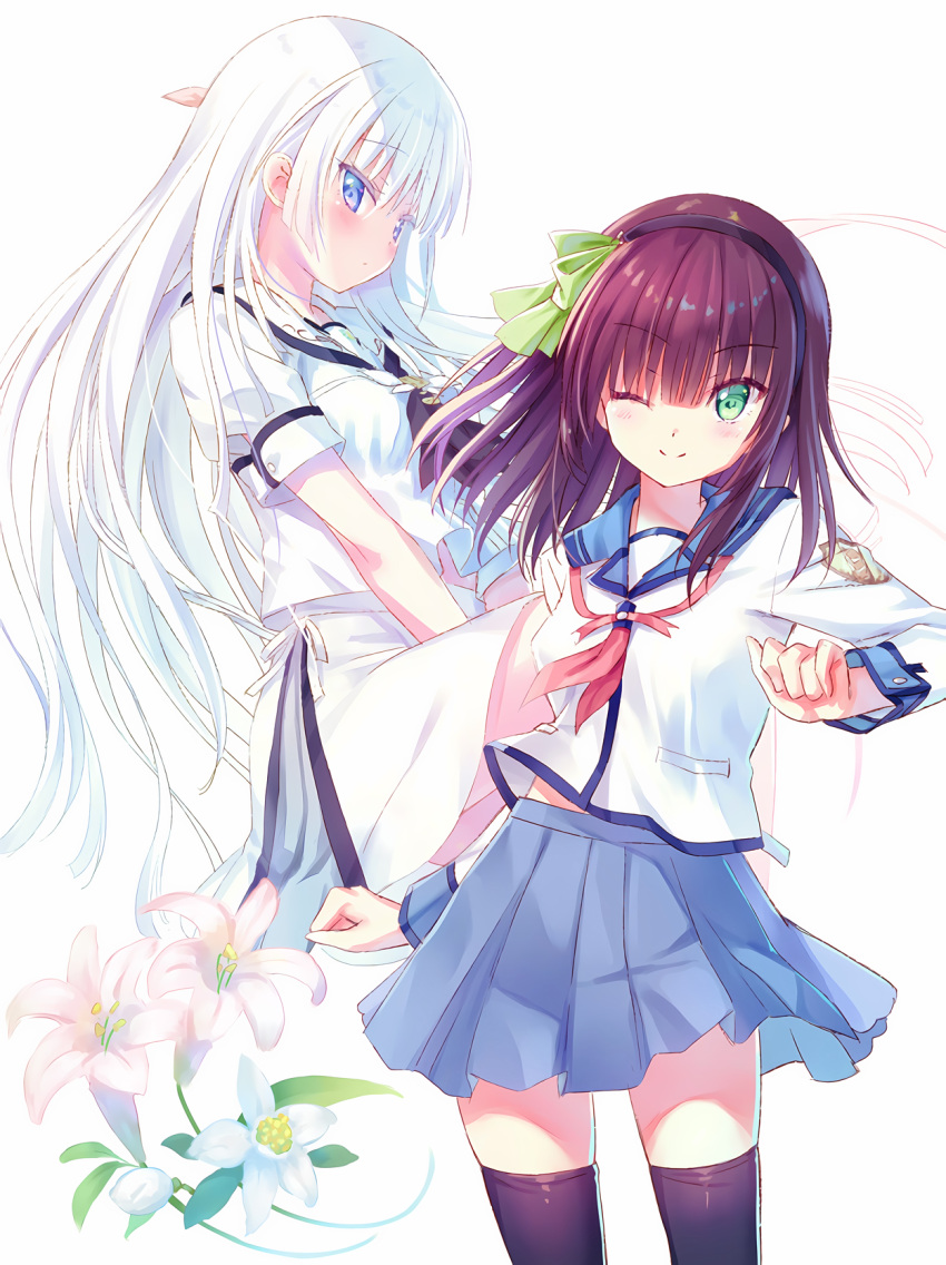 2girls ;) angel_beats! between_legs black_hairband black_legwear blue_eyes blue_sailor_collar blue_skirt bow closed_mouth collared_shirt crossover floating_hair flower green_bow green_eyes hair_bow hairband hand_between_legs highres long_hair long_sleeves looking_at_viewer miniskirt multiple_girls na-ga naruse_shiroha one_eye_closed pleated_skirt purple_hair sailor_collar sailor_shirt school_uniform shinda_sekai_sensen_uniform shiny shiny_hair shirt silver_hair simple_background skirt smile standing summer_pockets thighhighs very_long_hair white_background white_flower white_sailor_collar white_shirt white_skirt yuri_(angel_beats!) zettai_ryouiki