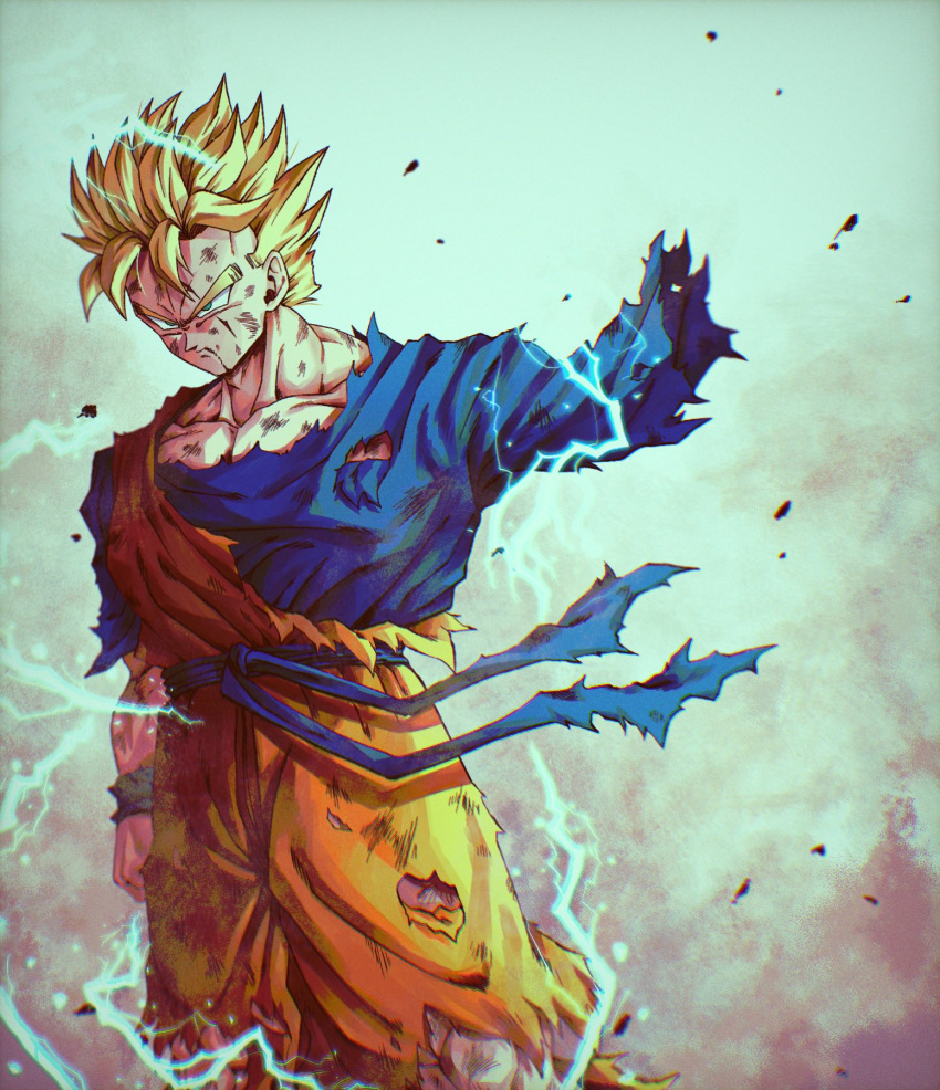 1boy amputee arm_at_side battle_damage blonde_hair blue_sash closed_mouth dragon_ball dragon_ball_z electricity hashagu highres male_focus sash scar serious solo son_gohan_(future) spiked_hair super_saiyan super_saiyan_1 torn_clothes