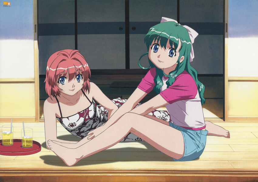 2girls bangs barefoot blue_eyes bow day dress drink eyebrows_visible_through_hair floral_print green_hair hair_bow highres long_hair looking_at_viewer lying medium_hair miyafuji_miina multiple_girls non-web_source official_art on_side onegai_twins onodera_karen raglan_sleeves red_hair scan short_sleeves shorts sitting sliding_doors smile tray