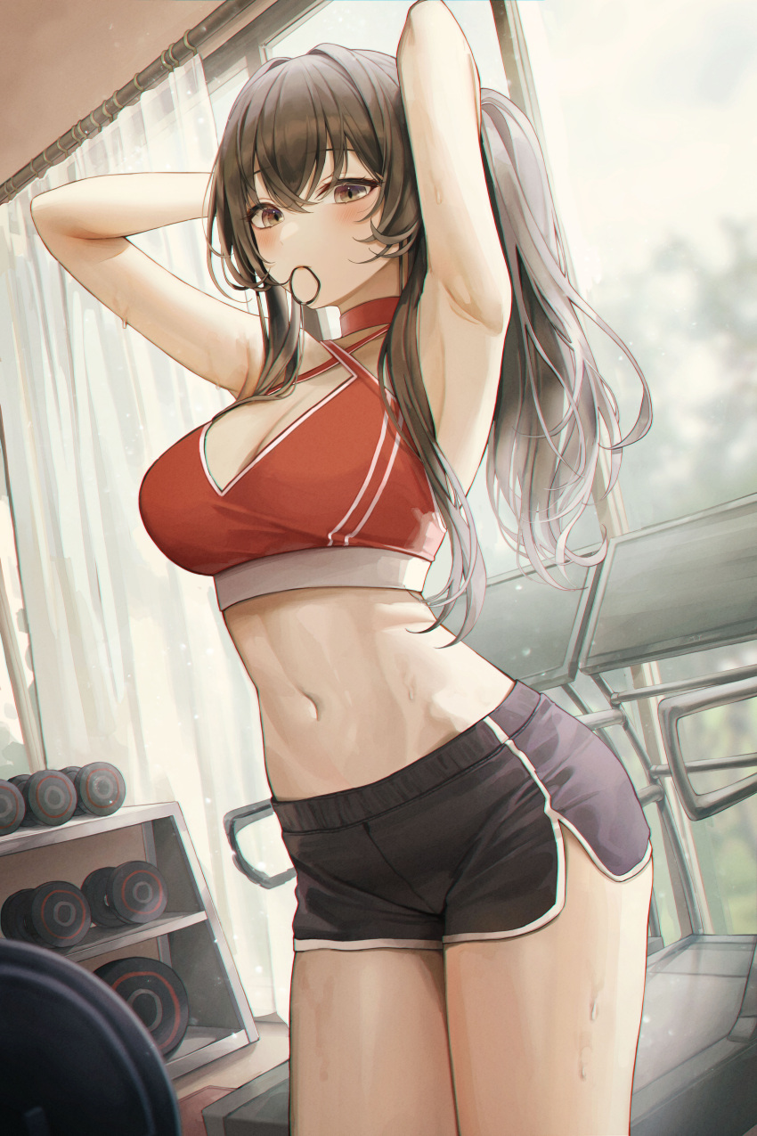 1girl absurdres armpits arms_behind_head arms_up bangs bare_arms black_shorts breasts brown_eyes brown_hair cleavage cowboy_shot dolphin_shorts dumbbell hair_between_eyes hair_ornament hair_tie_in_mouth highres indoors large_breasts long_hair looking_at_viewer meoyo mouth_hold navel original ponytail shorts solo sports_bra standing strap_gap sweat treadmill tying_hair