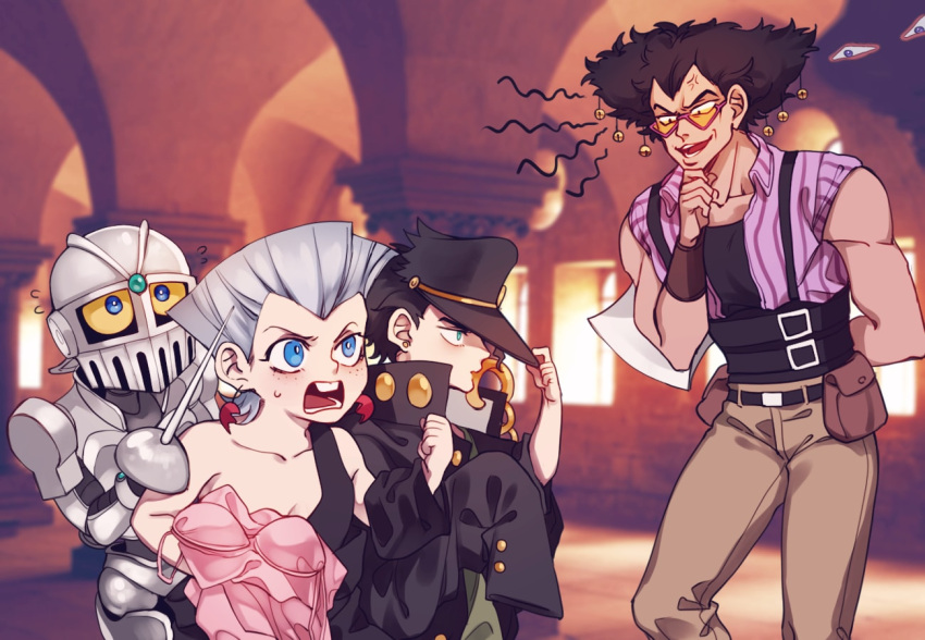 3boys age_regression alessi armor bell blue_eyes brown_hair buck_teeth earrings flattop gakuran grey_hair hair_bell hair_ornament hat jean_pierre_polnareff jewelry jojo_no_kimyou_na_bouken kujo_jotaro multiple_boys oversized_clothes rapier school_uniform sempon_(doppio_note) stardust_crusaders sweat sword teeth vest weapon younger