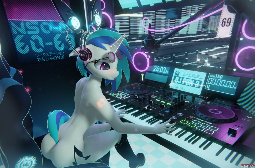 3d_(artwork) absurd_res anthro anthrofied areola boots breasts butt clothing computer cutie_mark digital_media_(artwork) equid equine eyewear footwear friendship_is_magic hasbro headphones hevexy hi_res horn huge_filesize keyboard knee_boots knee_highs legwear mammal mostly_nude my_little_pony nipples remake sunglasses turntable_(record_player) unicorn vinyl_scratch_(mlp)