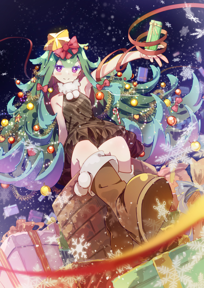 1girl absurdres bangs bare_arms blush_stickers boots bow box brown_footwear candy chimney christmas christmas_ornaments commentary_request dress eva_mashiro food gift gift_box glint green_hair hair_ornament highres long_hair looking_at_viewer original outstretched_arm partial_commentary purple_eyes red_bow red_ribbon ribbon sack sitting sleeveless sleeveless_dress snowflakes solo star_(symbol) star_hair_ornament tinsel