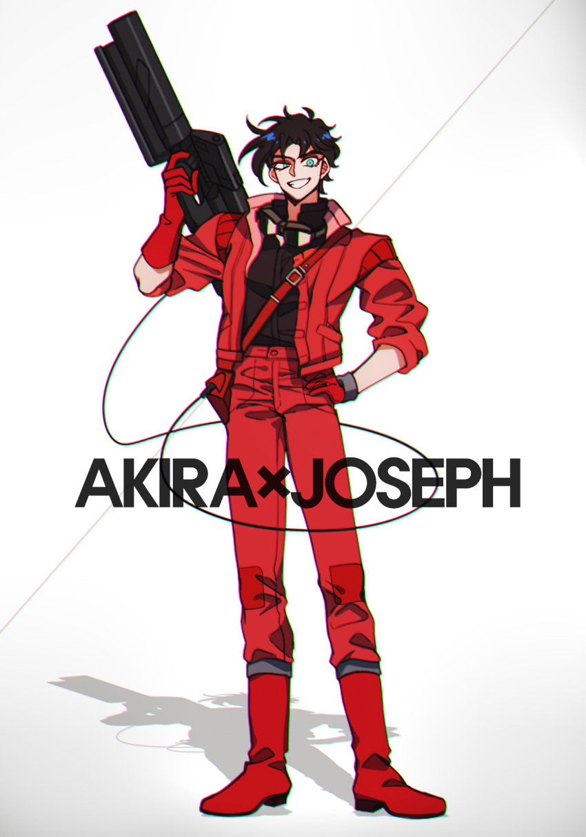 1boy akira battle_tendency belt black_hair blue_eyes boots cosplay cyberpunk energy_gun gloves highres jacket jojo_no_kimyou_na_bouken joseph_joestar joseph_joestar_(young) kaneda_shoutarou kaneda_shoutarou_(cosplay) laser_rifle pants red_footwear red_gloves red_jacket red_pants sam_browne_belt sempon_(doppio_note) shadow solo weapon