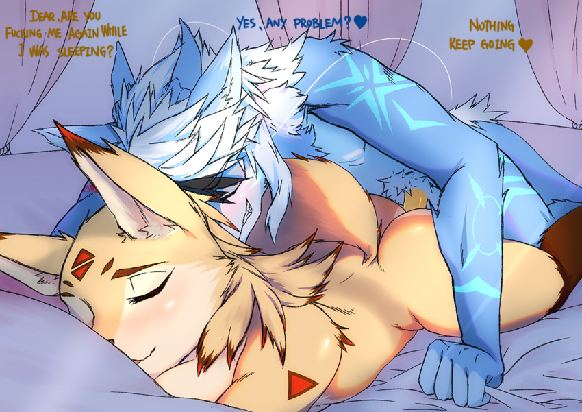 2015 alphina anthro anthro_on_anthro bed blue_body blue_scales blue_skin blush breasts brown_body brown_fur brown_hair canid canine claws dialogue dragon duo english_text eyes_closed female female_penetrated fluffy fluffy_tail from_front_position fur furniture genitals hair inside interspecies looking_pleasured male male/female male_penetrating male_penetrating_female mammal markings multicolored_hair nude open_mouth open_smile penetration penis red_body red_fur scales scalie sincrescent smile teeth text two_tone_hair white_body white_fur white_hair white_scales white_skin wolflong_(character) yellow_body yellow_fur