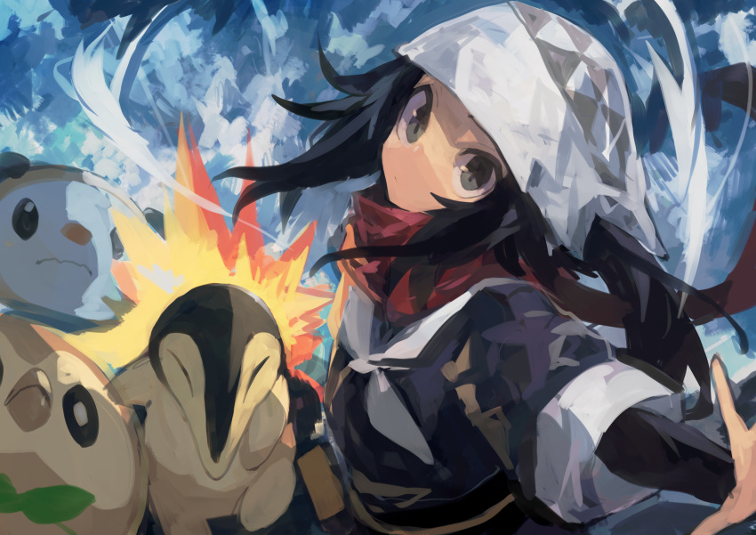 1girl absurdres akari_(pokemon) black_eyes black_hair closed_mouth cloud cyndaquil day expressionless fire highres japanese_clothes kaamin_(mariarose753) long_hair looking_at_viewer obi oshawott outdoors outstretched_arm pokemon pokemon_(creature) pokemon_(game) pokemon_legends:_arceus red_scarf rowlet sash scarf sidelocks sky upper_body white_headwear