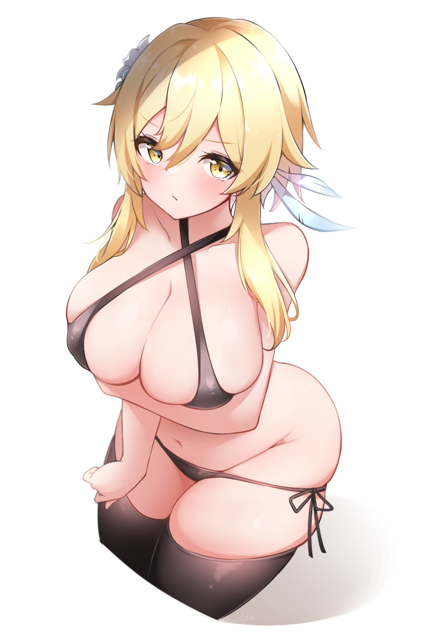 1girl :/ absurdres arm_under_breasts bangs bare_shoulders bent_over black_legwear blonde_hair blush breast_hold breasts cleavage closed_mouth collarbone commentary_request cropped_legs eyebrows_visible_through_hair eyelashes flower genshin_impact hair_flower hair_ornament highres large_breasts lumine_(genshin_impact) navel panties pout side-tie_panties sidelocks simple_background solo stomach thighhighs thighs underwear v-shaped_eyebrows white_background white_flower xlyami yellow_eyes