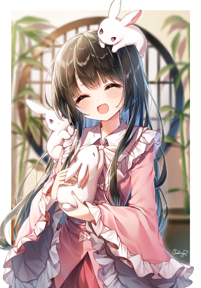 1girl absurdres animal artist_name black_hair blush border bunny closed_eyes eyebrows_visible_through_hair fingernails frilled_sleeves frills highres houraisan_kaguya long_hair long_sleeves open_mouth pink_shirt pudding_(skymint_028) red_skirt shirt sidelocks signature skirt smile solo touhou white_border wide_sleeves