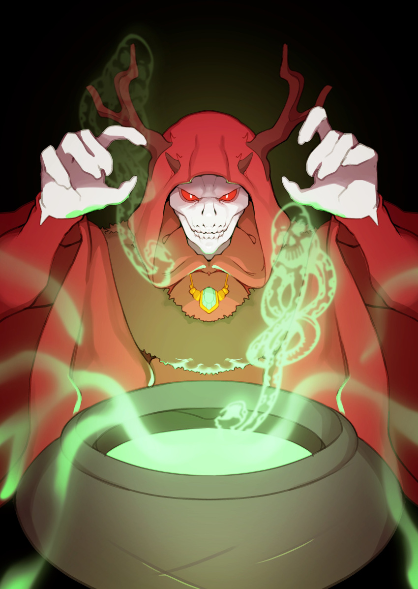 1boy absurdres alternate_costume arms_up black_background colored_sclera combos_&amp;_doodles english_commentary gem green_background harry_potter_(series) highres hood hood_up horns jewelry long_sleeves magic male_focus necklace pot red_robe red_sclera solo teeth upper_body voldemort white_eyes