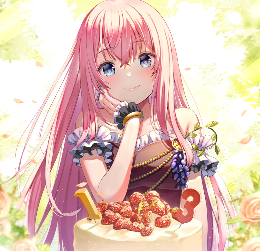 1girl bangs banned_artist bare_shoulders birthday_cake blue_eyes blue_nails brown_dress cake closed_mouth commentary_request dress eyebrows_visible_through_hair flower food frilled_dress frills fruit hair_between_eyes hand_up highres long_hair megurine_luka nail_polish petals pink_hair red_flower red_rose rose smile solo strapless strapless_dress strawberry very_long_hair vocaloid wrist_cuffs yuuka_nonoko