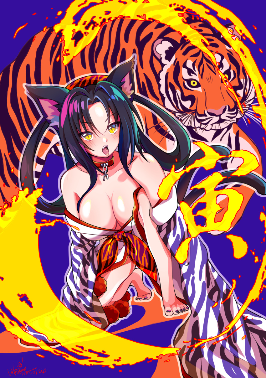 1girl absurdres animal animal_ear_fluff animal_ears animal_print bare_shoulders barefoot black_hair blush breasts cat_ears cat_girl cat_tail chain chinese_zodiac cleavage collar commentary_request fangs fire hair_rings hairband high_school_dxd highres japanese_clothes kimono kuroka_(high_school_dxd) large_breasts likauce long_hair looking_at_viewer multiple_tails nekomata off_shoulder open_mouth slit_pupils solo tail teeth tiger tiger_print tongue tongue_out year_of_the_tiger yellow_eyes