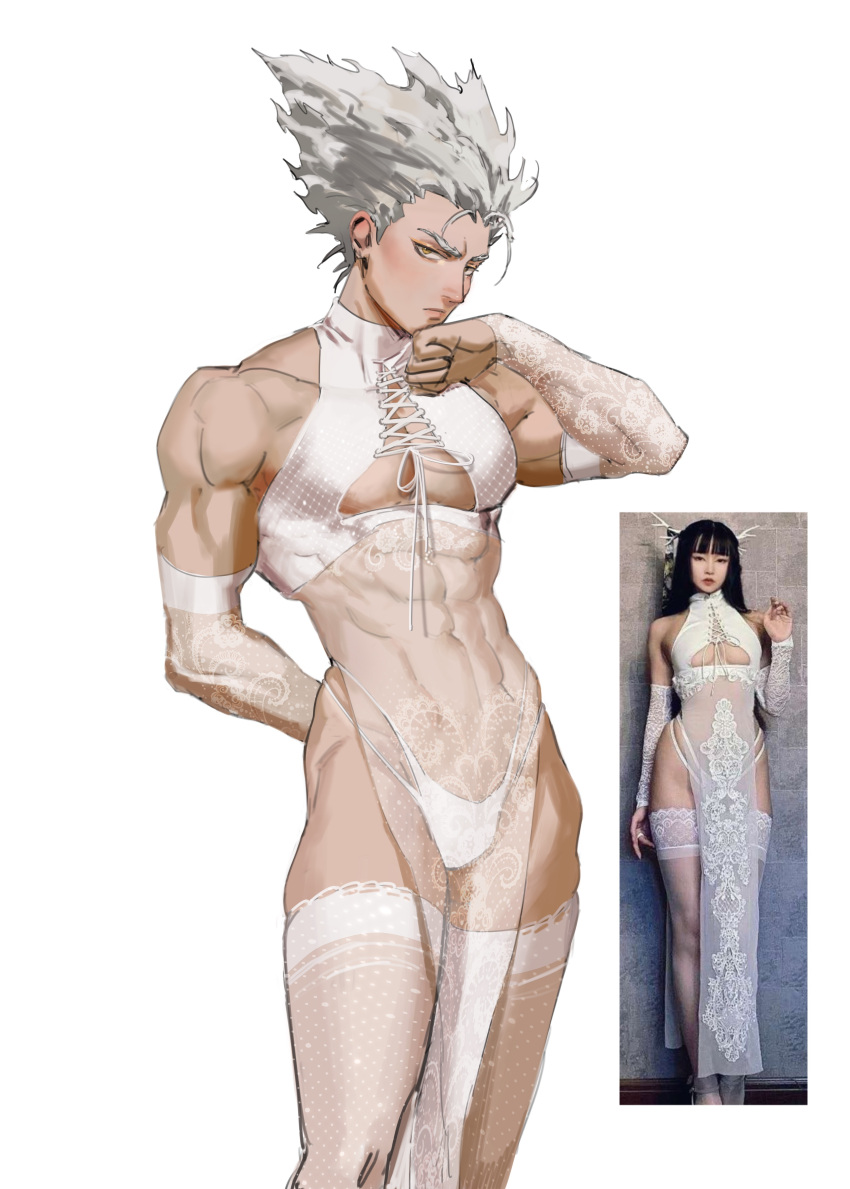 1boy abs absurdres arm_behind_back bara bridal_gauntlets brown_eyes closed_mouth dress dudlesnoodles garou_(one-punch_man) highres image_sample large_pectorals looking_at_viewer male_focus muscular muscular_male navel one-punch_man pectorals photo-referenced see-through see-through_dress see-through_sleeves short_hair solo thick_thighs thighhighs thighs thong white_dress white_hair