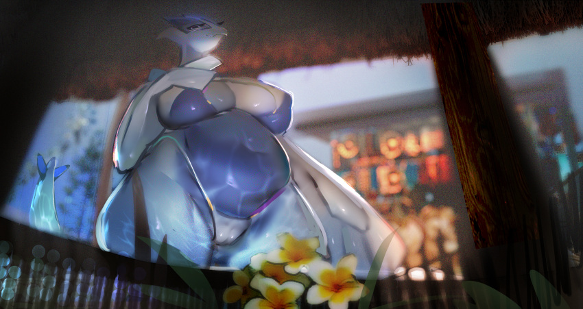 anthro anthrofied big_breasts bikini blue_body breasts camel_toe cleavage clothed clothing curvy_figure female flower hand_on_breast hi_res huge_breasts legendary_pok&eacute;mon looking_at_viewer low-angle_view lugia multicolored_body navel nintendo outside overweight overweight_anthro overweight_female plant pok&eacute;mon pok&eacute;mon_(species) pok&eacute;morph solo swimwear thick_thighs two_tone_body utterangle video_games voluptuous white_body wide_hips