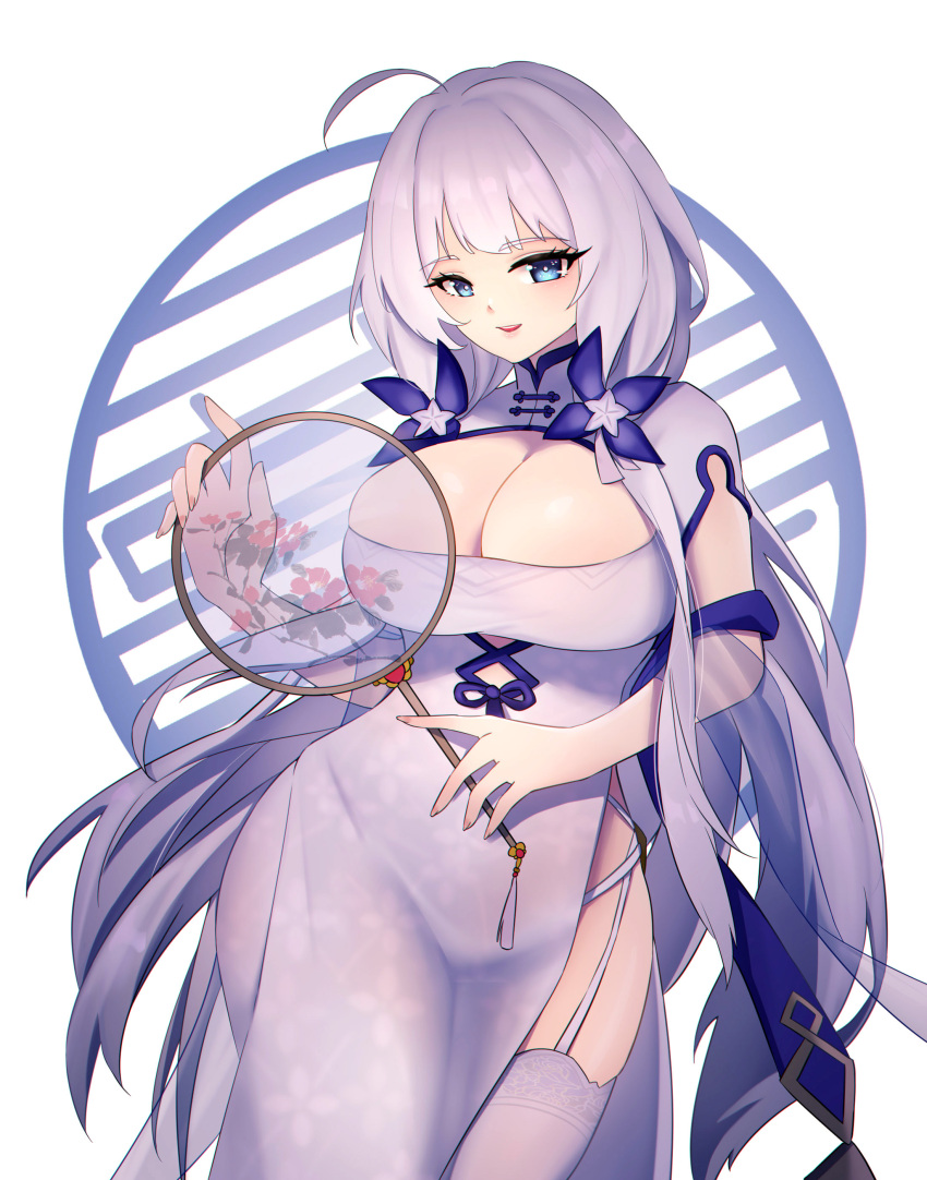 1girl absurdres azur_lane blue_eyes breasts bursting_breasts china_dress chinese_clothes cleavage cleavage_cutout clothing_cutout dress garter_straps hand_fan highres holding holding_fan huge_breasts illustrious_(azur_lane) illustrious_(maiden_lily's_radiance)_(azur_lane) jrpulse looking_at_viewer official_alternate_costume open_mouth short_sleeves side_slit simple_background solo thighhighs thighs tri_tails white_background white_dress white_garter_straps white_legwear