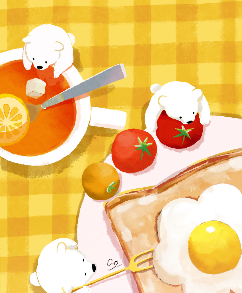 ._. animal animal_focus ao_(aohari) bear bread_slice breakfast cherry_tomato commentary_request cup drink egg_(food) flower_(symbol) food food_art food_focus fork fried_egg fried_egg_on_toast from_above from_side fruit highres holding holding_fork in_food leaning_forward lemon lemon_slice looking_away looking_down meal no_humans no_lineart original partially_immersed plaid plate polar_bear ripples shade shadow sidelighting signature spoon sugar_cube tablecloth tea teacup teaspoon toast tomato undersized_animal wide_shot