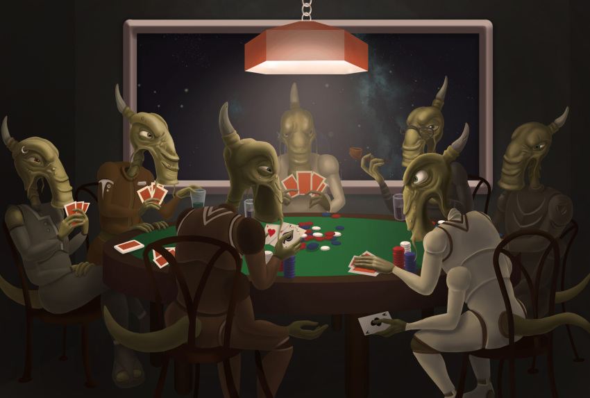 1c_company alien amphibian anthro card card_deck card_game card_hand chair cheat clothed clothing dogs_playing_poker elemental_games eyewear furniture gambling gaming glare glasses group hi_res hiding_cards holding_card holding_object holding_single_card inside inspired_by_formal_art katauri_interactive lamp male nervous peleng piercing playing_card poker sitting space_rangers stack table