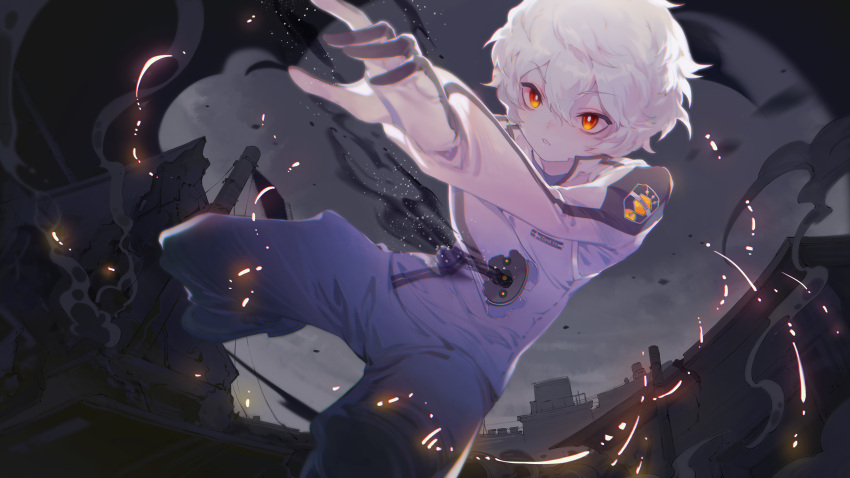 1boy absurdres alternate_color amputee badge bangs dutch_angle gloves hair_between_eyes highres jumping kuga_yuuma light_particles long_sleeves looking_afar male_focus motion_blur night night_sky outstretched_arm pants parted_lips qunyadu red_eyes ruins shoes short_hair sky smoke solo white_hair world_trigger