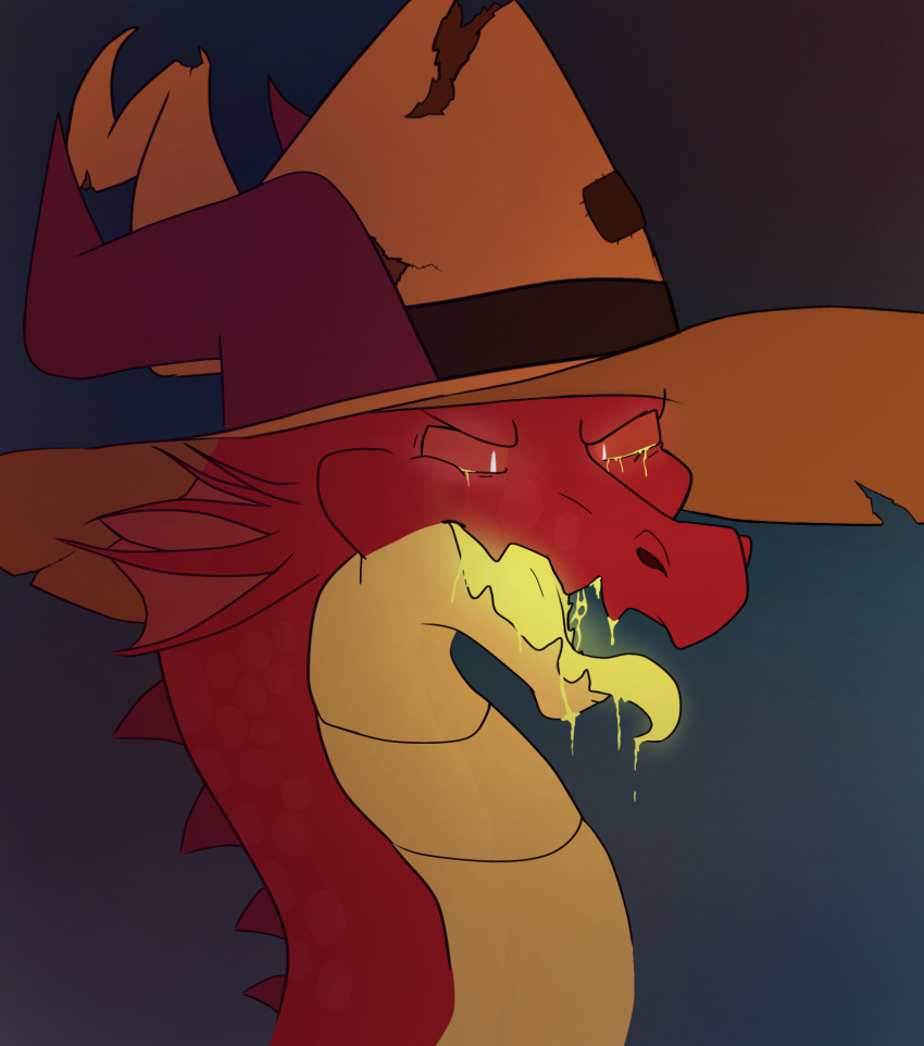 bodily_fluids clothing dragon drooling glowing glowing_eyes glowing_tongue hat headgear headwear henry_(henrycharizardboi) henrycharizardboi hi_res lizard male monster pupils red_body red_eyes reptile saliva scalie slit_pupils solo straw_hat tongue tongue_out western_dragon white_pupils yellow_mouth