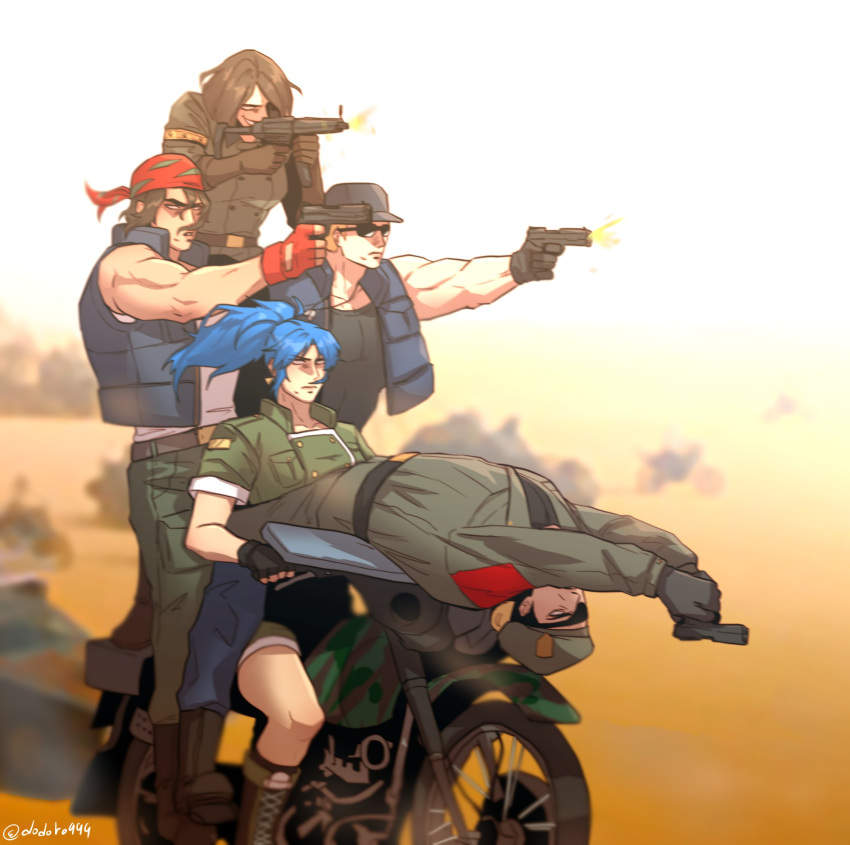 2girls 3boys bandana beret blonde_hair blue_eyes blue_hair brown_hair clark_still dodoro999 eyepatch fingerless_gloves gloves green_jacket ground_vehicle gun hat heidern highres ikari_warriors jacket leona_heidern military military_uniform motor_vehicle motorcycle multiple_boys multiple_girls pointing ponytail ralf_jones riding short_hair smile sunglasses sunset the_king_of_fighters twitter_username uniform weapon whip_(kof)