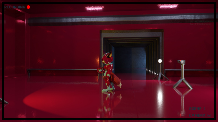 anthro blizzard_entertainment camera camera_view canid clothing corridor edricmarcry fur herm hi_res inside intersex lamp mammal red_body red_clothing red_fur rubber rubber_clothing rubber_suit solo video_games vulpera warcraft