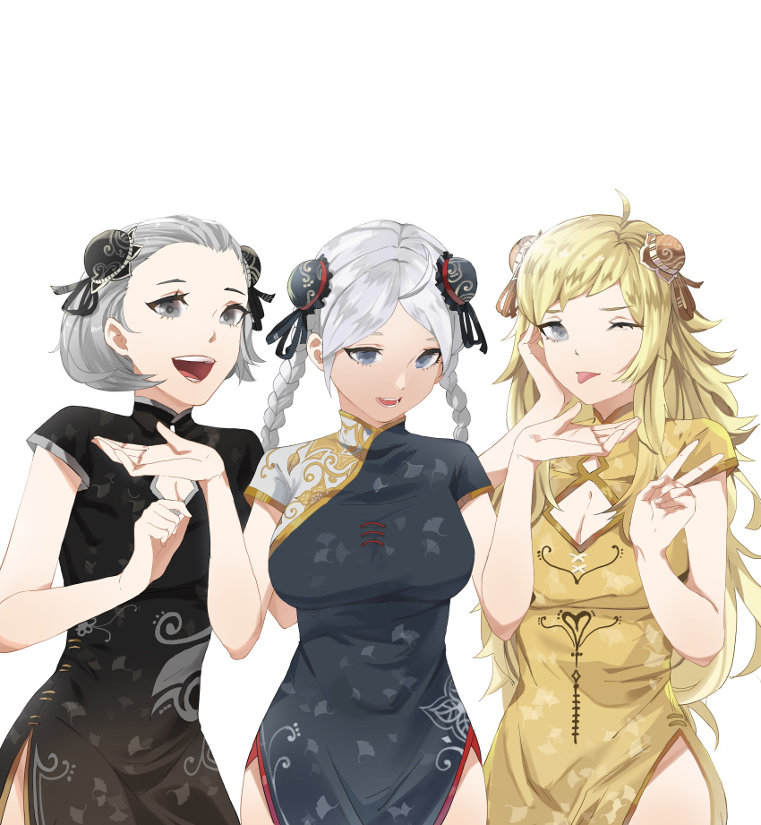 3girls absurdres ahoge alternate_costume blonde_hair braid breasts chinese_clothes fire_emblem fire_emblem_fates grey_hair highres long_hair looking_at_viewer medium_breasts medium_hair multiple_girls nina_(fire_emblem) open_mouth ophelia_(fire_emblem) sophie_(fire_emblem) thighs twin_braids upper_body v yog09