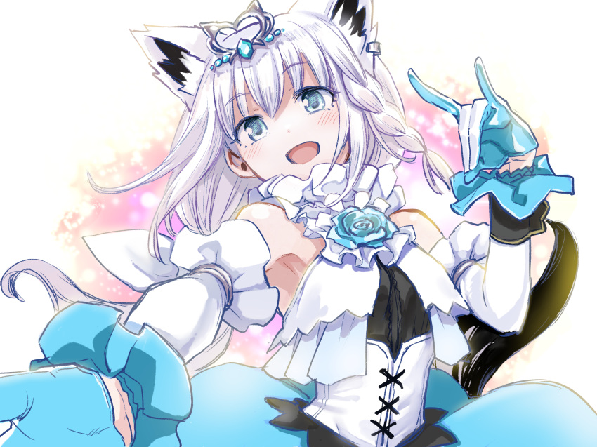 1girl animal_ear_fluff animal_ears armpits bangs bare_shoulders blue_gloves blush braid collared_dress commentary_request corset detached_sleeves earrings extra_ears eyebrows_visible_through_hair fox_ears fox_girl fox_shadow_puppet fox_tail gloves green_eyes hair_between_eyes highres hololive jewelry kurose_kousuke long_hair looking_at_viewer open_mouth outstretched_arm shirakami_fubuki sidelocks simple_background single_braid smile solo tail tiara virtual_youtuber white_background white_hair