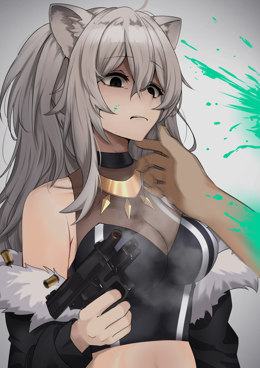1girl absurdres ahoge animal_ears black_eyes black_jacket black_shirt blood blood_on_face blood_splatter breasts cleavage commentary cropped_shirt disgust empty_eyes eyebrows_visible_through_hair fur-trimmed_jacket fur_trim green_blood grey_background gun hair_between_eyes handgun highres holding holding_gun holding_weapon hololive jacket jewelry large_breasts lion_ears lion_girl long_hair looking_down micon midriff motion_blur necklace off_shoulder open_clothes open_jacket see-through shaded_face shell_casing shirt shishiro_botan silver_hair simple_background sleeveless sleeveless_shirt smoke smoking_gun solo_focus striped stylized_blood upper_body vertical_stripes virtual_youtuber weapon