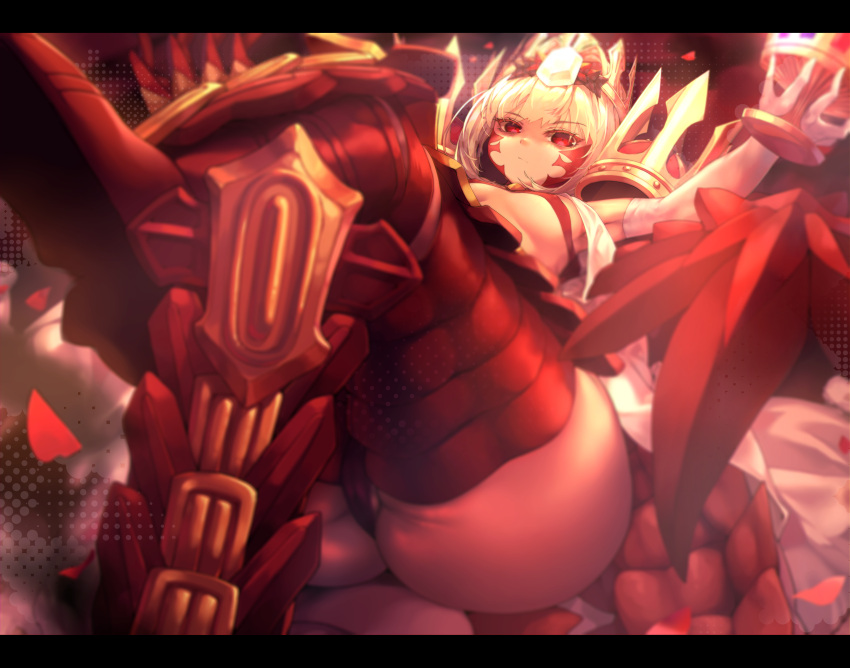 1girl absurdres ahoge ass bangs bikini blonde_hair braid breasts chalice criss-cross_halter crossed_legs crown dragon_claw dragon_tail elbow_gloves fate/grand_order fate/grand_order_arcade fate_(series) french_braid gloves hair_bun hair_intakes hair_ribbon halterneck highres long_hair looking_at_viewer open_clothes queen_draco_(fate) red_bikini red_eyes red_ribbon ribbon scales sitting small_breasts solo swimsuit tail thighs wei_yu white_gloves white_robe