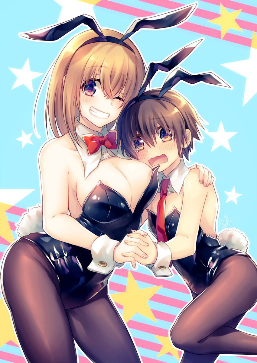 1boy 1girl age_difference animal_ears blue_background blush bow bowtie breasts cheek-to-breast cheek_squash cleavage crossdressing detached_collar fake_animal_ears grin hairband hand_on_another's_shoulder highres holding_hands large_breasts natsuki_yuka necktie one_eye_closed onee-shota original pantyhose playboy_bunny purple_eyes rabbit_ears rabbit_tail red_bow red_bowtie red_necktie smile star_(symbol) starry_background striped striped_background tail wavy_mouth wrist_cuffs