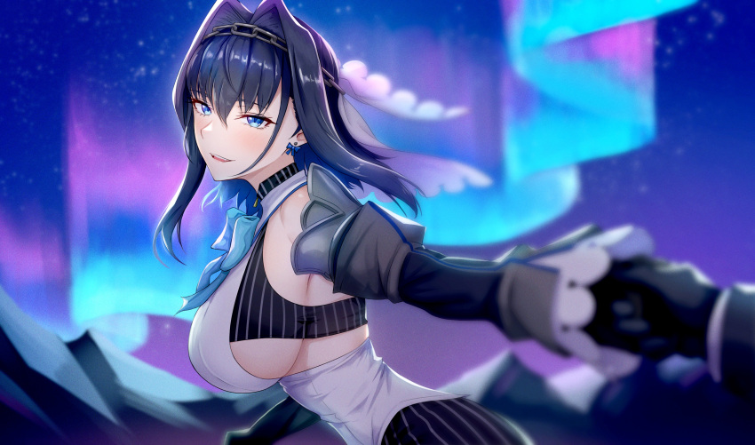 1girl absurdres aurora bangs blue_bow blue_bowtie blue_eyes blue_hair blurry bow bow_earrings bowtie breasts crop_top depth_of_field detached_sleeves earrings english_commentary floating_hair from_side hair_intakes hand_grab head_chain highres holding_hands hololive hololive_english jewelry large_breasts looking_at_viewer nature night night_sky ouro_kronii outdoors outstretched_arm parted_lips pov short_hair sideboob sky solo_focus teeth upper_body upper_teeth veil vest virtual_youtuber white_vest zenya