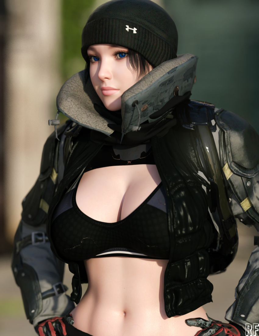 1girl absurdres asian black_bra blue_eyes bra breasts cleavage frost_(rainbow_six_siege) gloves hat highres large_breasts military military_operator military_uniform rainbow_six_siege rude_frog underwear uniform