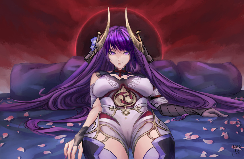 1girl absurdres armor bodysuit breasts genshin_impact hair_ornament helmet highres japanese_armor kabuto long_hair looking_at_viewer lying medium_breasts nepsulyn petals purple_eyes purple_hair raiden_shogun signature smile solo thighhighs