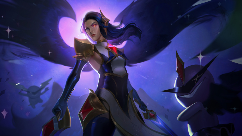 1girl absurdres alternate_costume armor bangs black_legwear black_wings blue_dress blue_eyes blue_gloves blue_hair breasts concept_art cowboy_shot dress elbow_gloves english_commentary gem gloves glowing glowing_eye gradient gradient_background hair_ornament heterochromia highres holding holding_sword holding_weapon kayle_(league_of_legends) league_of_legends little_legend long_hair looking_at_viewer medium_breasts painting shoulder_armor solo star_guardian_(league_of_legends) sword thighhighs vincent_t_(oriaarts) weapon white_dress wings