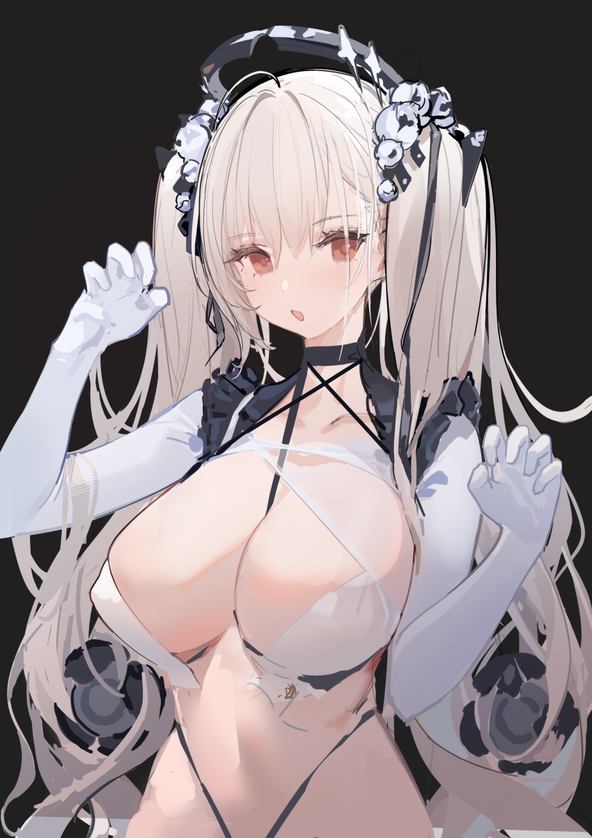 1girl absurdres azur_lane black_background bra breasts criss-cross_halter elbow_gloves eyebrows_visible_through_hair formidable_(azur_lane) gloves hair_ornament halterneck highres kincora large_breasts long_hair paw_pose platinum_blonde_hair red_eyes simple_background solo twintails underwear upper_body very_long_hair white_bra white_gloves