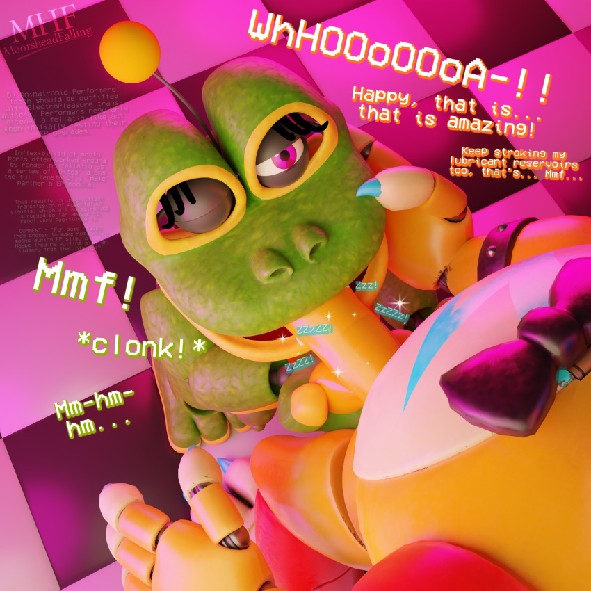 ! 1:1 2022 3d_(artwork) amphibian animatronic anthro ball_grab balls big_penis breasts dialogue digital_media_(artwork) duo english_text featureless_breasts fellatio female five_nights_at_freddy's five_nights_at_freddy's:_security_breach freddy_fazbear's_pizzeria_simulator frog genitals glamrock_freddy_(fnaf) hand_on_breast happy_frog_(fnaf) hi_res larger_male looking_up machine male male/female mammal moorsheadfalling oral penile penis pink_eyes robot scottgames sex short_stack size_difference smaller_female standing text ursid video_games